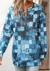 Denim Blue tops,Cyan tops,Geometric tops,Zipper Geometric Print Denim Blue Round Neck Sweatshirt