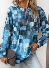 Denim Blue tops,Cyan tops,Geometric tops,Zipper Geometric Print Denim Blue Round Neck Sweatshirt