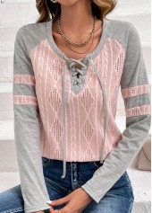 Light Pink plus size,Grey plus size,Contrast Color plus size,Striped plus size,ROTITA Plus Size Twisted Light Pink Long Sleeve T Shirt
