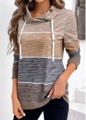 Multi Color tops,Contrast Color tops,Striped tops,ROTITA Drawstring Multi Color Cowl Neck Long Sleeve Sweatshirt