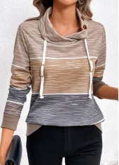 Multi Color tops,Contrast Color tops,Striped tops,ROTITA Drawstring Multi Color Cowl Neck Long Sleeve Sweatshirt