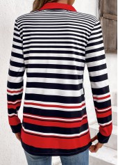 Multi Color tops,Striped tops,Geometric tops,ROTITA Zipper Striped Multi Color Turn Down Collar Sweatshirt