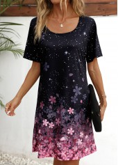 Black dresses,Pink dresses,Ombre dresses,Floral dresses,Dot dresses,Galaxy dresses,Everyday dresses,Casual dresses,ROTITA Floral Print Black Scoop Neck Short Sleeve Dress