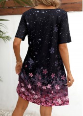 Black dresses,Pink dresses,Ombre dresses,Floral dresses,Dot dresses,Galaxy dresses,Everyday dresses,Casual dresses,ROTITA Floral Print Black Scoop Neck Short Sleeve Dress