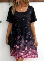 Black dresses,Pink dresses,Ombre dresses,Floral dresses,Dot dresses,Galaxy dresses,Everyday dresses,Casual dresses,ROTITA Floral Print Black Scoop Neck Short Sleeve Dress