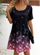 Black dresses,Pink dresses,Ombre dresses,Floral dresses,Dot dresses,Galaxy dresses,Everyday dresses,Casual dresses,ROTITA Floral Print Black Scoop Neck Short Sleeve Dress