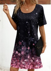 Black dresses,Pink dresses,Ombre dresses,Floral dresses,Dot dresses,Galaxy dresses,Everyday dresses,Casual dresses,ROTITA Floral Print Black Scoop Neck Short Sleeve Dress