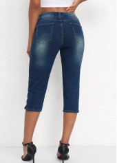 Denim Blue bottoms,Plain Color bottoms,Denim Blue Mid Waisted Button Fly Capri Leggings