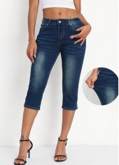 Jeansblaue Capri-Leggings mit mittlerer Taille und Knopfleiste