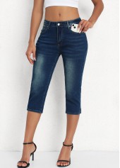 Denim Blue bottoms,Plain Color bottoms,Denim Blue Mid Waisted Button Fly Capri Leggings