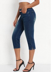 Denim Blue bottoms,Plain Color bottoms,Denim Blue Mid Waisted Button Fly Capri Leggings
