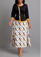 Black dresses,White dresses,Geometric dresses,Striped dresses,Party dresses,Elegant dresses,ROTITA Fake 2in1 Black Maxi Round Neck 3/4 Sleeve Dress