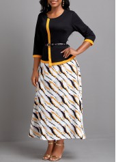 Black dresses,White dresses,Geometric dresses,Striped dresses,Party dresses,Elegant dresses,ROTITA Fake 2in1 Black Maxi Round Neck 3/4 Sleeve Dress