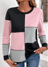 Light Pink tops,Black tops,Light Grey Marl tops,Contrast Color tops,ROTITA Patchwork Light Pink Round Neck Long Sleeve Sweatshirt