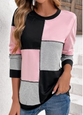 Light Pink tops,Black tops,Light Grey Marl tops,Contrast Color tops,ROTITA Patchwork Light Pink Round Neck Long Sleeve Sweatshirt