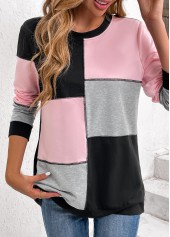 Light Pink tops,Black tops,Light Grey Marl tops,Contrast Color tops,ROTITA Patchwork Light Pink Round Neck Long Sleeve Sweatshirt