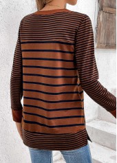 Dark Coffee tops,Striped tops,Geometric tops,ROTITA Patchwork Striped Dark Coffee Round Neck T Shirt