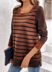 Dark Coffee tops,Striped tops,Geometric tops,ROTITA Patchwork Striped Dark Coffee Round Neck T Shirt