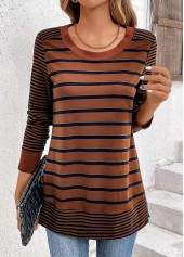 Dark Coffee tops,Striped tops,Geometric tops,ROTITA Patchwork Striped Dark Coffee Round Neck T Shirt