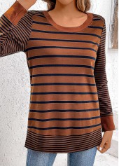 Dark Coffee tops,Striped tops,Geometric tops,ROTITA Patchwork Striped Dark Coffee Round Neck T Shirt