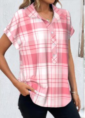 Pink tops,White tops,Plaid tops,Striped tops,Geometric tops,Ombre tops,ROTITA Button Plaid Pink Shirt Collar Short Sleeve Blouse