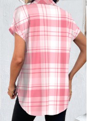 Pink tops,White tops,Plaid tops,Striped tops,Geometric tops,Ombre tops,ROTITA Button Plaid Pink Shirt Collar Short Sleeve Blouse