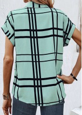 Light Green tops,Plaid tops,Striped tops,Geometric tops,ROTITA Button Plaid Light Green Shirt Collar Short Sleeve Blouse