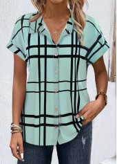 Light Green tops,Plaid tops,Striped tops,Geometric tops,ROTITA Button Plaid Light Green Shirt Collar Short Sleeve Blouse