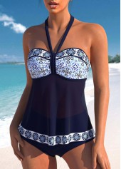 Navy swimwear,Geometric swimwear,Tribal swimwear,Floral swimwear,ROTITA Patchwork Navy Geometric Print Mid Waisted Tankini Set