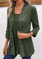 Olive Green tops,Plain Color tops,ROTITA Fake 2in1 Olive Green Round Neck T Shirt