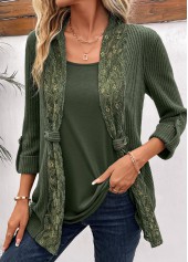 Olive Green tops,Plain Color tops,ROTITA Fake 2in1 Olive Green Round Neck T Shirt