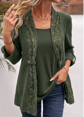 Olive Green tops,Plain Color tops,ROTITA Fake 2in1 Olive Green Round Neck T Shirt