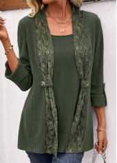 Olive Green tops,Plain Color tops,ROTITA Fake 2in1 Olive Green Round Neck T Shirt