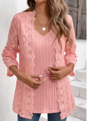 Dusty Pink tops,Plain Color tops,ROTITA Dusty Pink V Neck Fake Two Piece Twinset