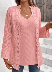 Dusty Pink tops,Plain Color tops,ROTITA Dusty Pink V Neck Fake Two Piece Twinset