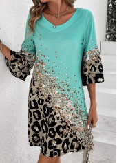 Cyan dresses,Leopard dresses,Animal Print dresses,Everyday dresses,Casual dresses,Printed Non-sequined Leopard Cyan Shift Dress