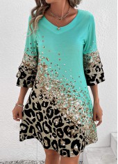 Cyan dresses,Leopard dresses,Animal Print dresses,Everyday dresses,Casual dresses,Printed Non-sequined Leopard Cyan Shift Dress