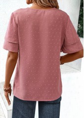 Pink tops,Plain Color tops,ROTITA Lace Pink V Neck Short Sleeve Blouse