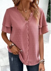 Pink tops,Plain Color tops,ROTITA Lace Pink V Neck Short Sleeve Blouse