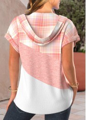 Light Pink tops,White tops,Plaid tops,Striped tops,Geometric tops,ROTITA Patchwork Plaid Light Pink Hooded T Shirt