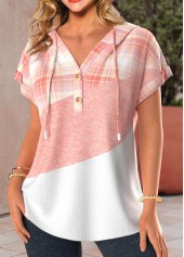 Light Pink tops,White tops,Plaid tops,Striped tops,Geometric tops,ROTITA Patchwork Plaid Light Pink Hooded T Shirt
