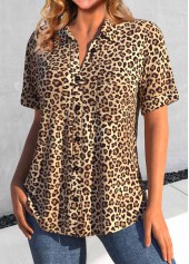 Dark Camel tops,Leopard tops,Animal Print tops,ROTITA Button Leopard Dark Camel Shirt Collar Short Sleeve Blouse