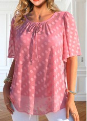 Peach Red tops,Plain Color tops,ROTITA Layered Peach Red Round Neck Short Sleeve Blouse