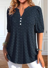 Navy tops,Plain Color tops,ROTITA Button Navy Split Neck Short Sleeve Blouse