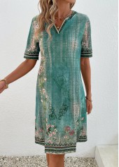 Green dresses,Floral dresses,Plants dresses,Geometric dresses,Striped dresses,Everyday dresses,Casual dresses,ROTITA Patchwork Floral Print Green Shift Dress
