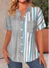 ROTITA Button Striped Light Grey Shirt Collar Blouse