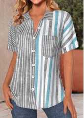 Light Grey plus size,Striped plus size,ROTITA Plus Size Button Light Grey Striped Blouse