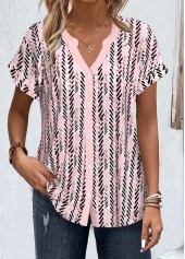 Light Pink tops,Black tops,Geometric tops,Striped tops,ROTITA Button Geometric Print Light Pink Split Neck Blouse