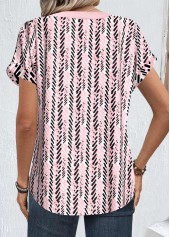 Light Pink tops,Black tops,Geometric tops,Striped tops,ROTITA Button Geometric Print Light Pink Split Neck Blouse