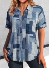 Denim Blue tops,Geometric tops,ROTITA Button Geometric Print Denim Blue Shirt Collar Blouse